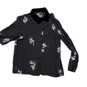 Idano 3 Floral Button Down‎ Blouse Black Velour Collar Covered Buttons
